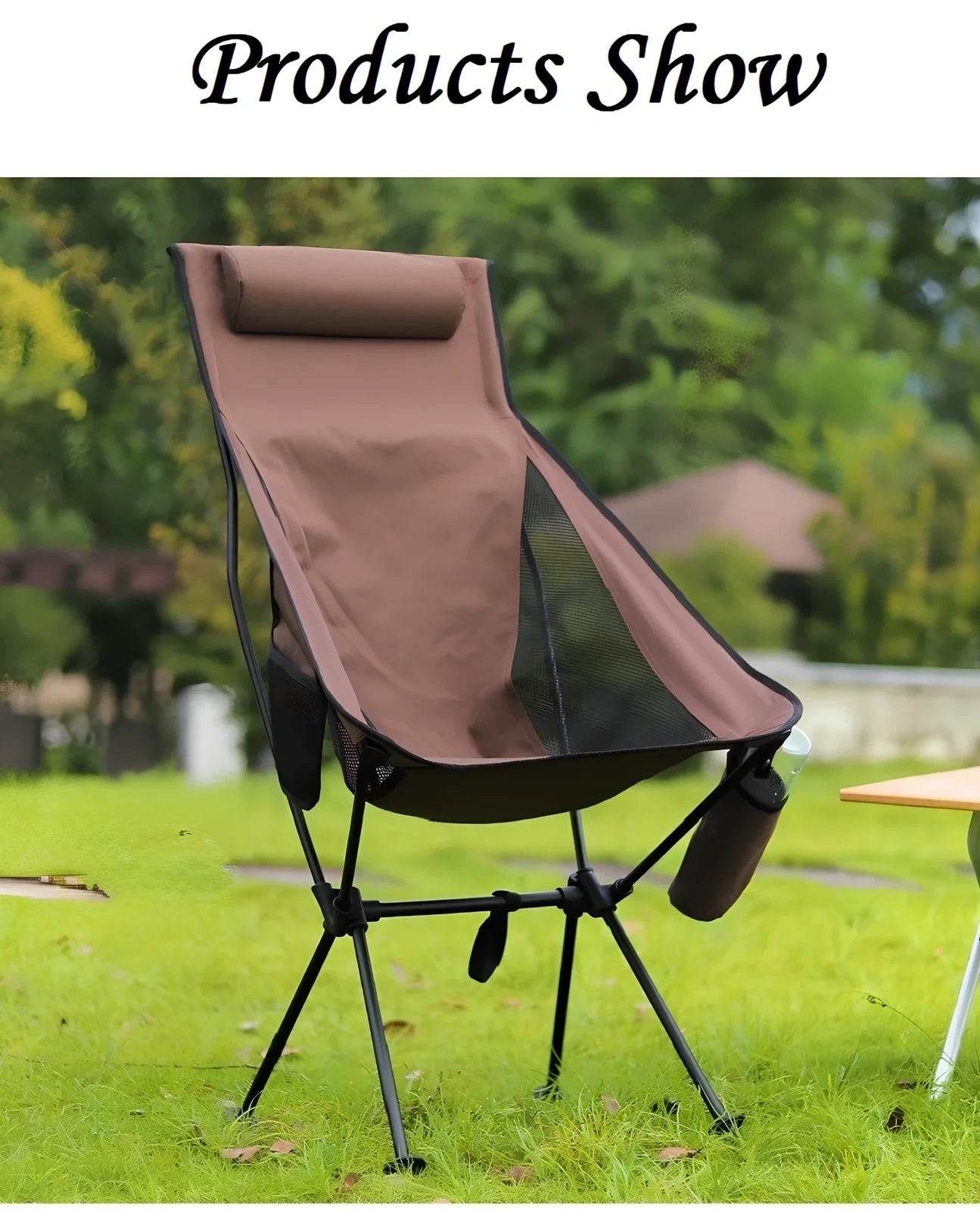 Army green outdoor folding chair with adjustable backrest and legs in reclined position on grass