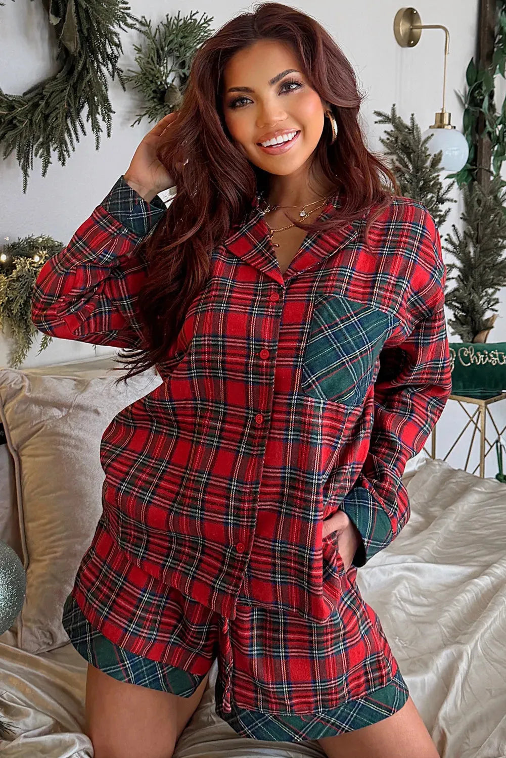 Red plaid Christmas pyjama set with contrast patches on shirt and shorts