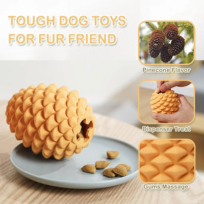 Pine cone-shaped yellow dog toy with treat dispenser, natural rubber construction, for medium to large breeds