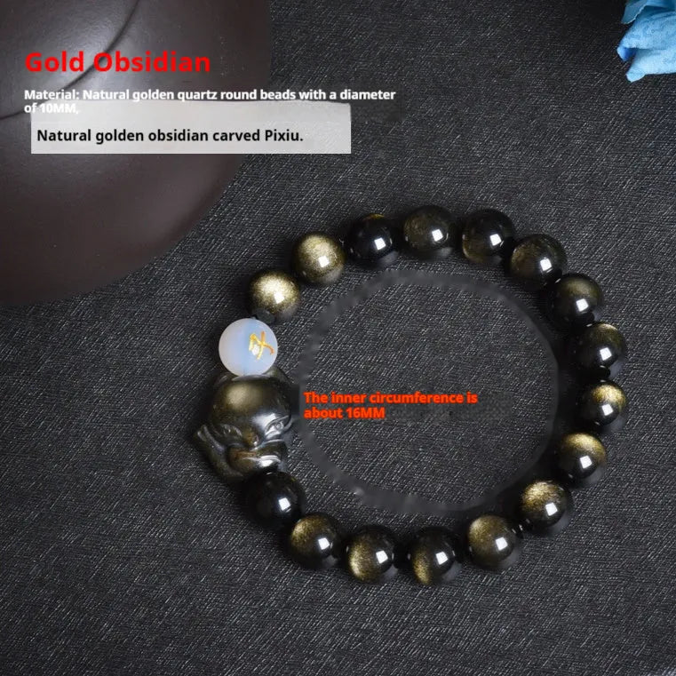 Natural obsidian beaded bracelet with 10mm stones in gold, silver, or black style.