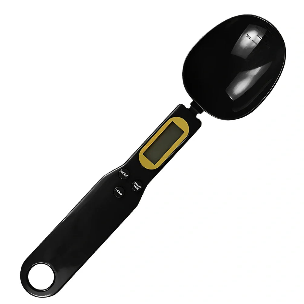 Digital kitchen spoon scale showing measurement display and USB charging port