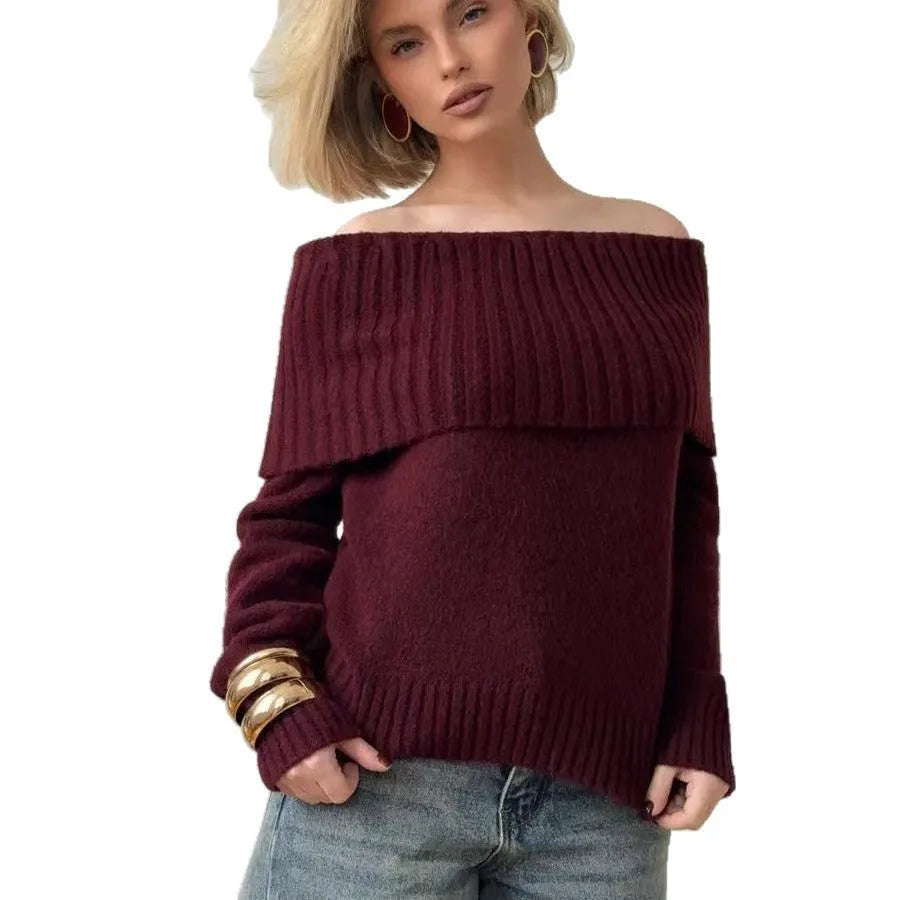 Grey off-shoulder acrylic sweater with 3D pattern texture, showing strapless design and regular sleeves