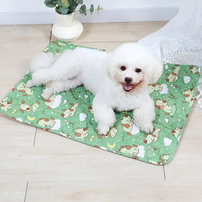 Reusable cloth pet urine pad with animal print and waterproof non-slip backing in various sizes.