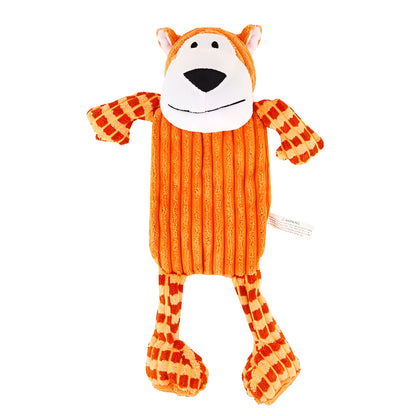 Green and orange plush dog toy with a squeaker for aggressive chewers.