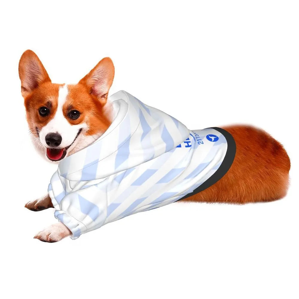 Black small pet hooded sweater with full-width single-sided print, polyester, sizes XS to XXL, for small dogs