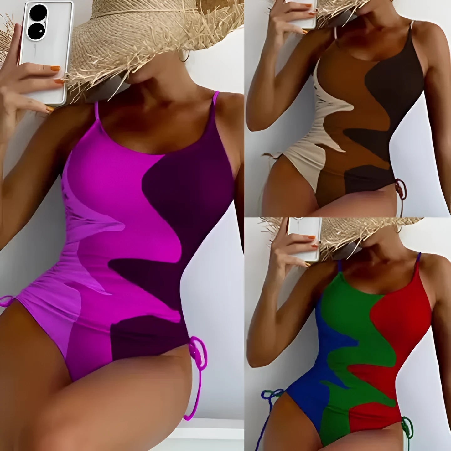 A blue one-piece swimsuit for women, showing sleeveless and backless design on a mannequin.