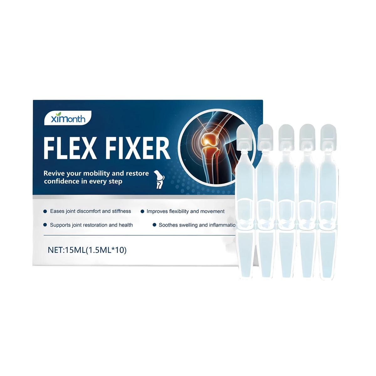 Flex Fixer joint care solution bottle showing 15ml volume with ten 1.5ml doses.