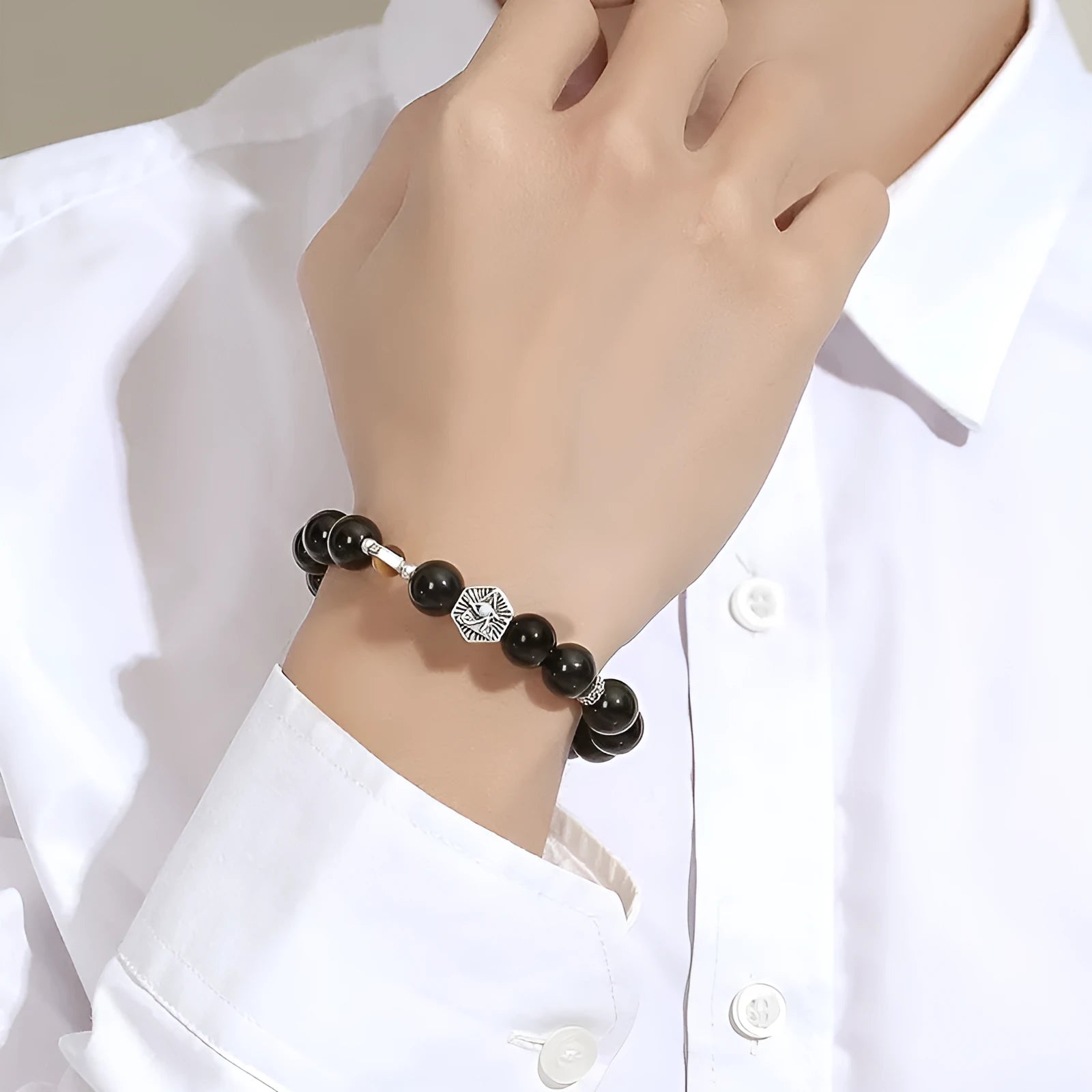 S925 sterling silver men's bracelet with obsidian God's Eye geometric pattern in retro style