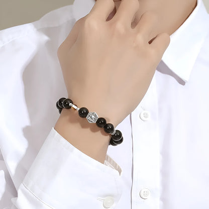 S925 sterling silver men's bracelet with obsidian God's Eye geometric pattern in retro style