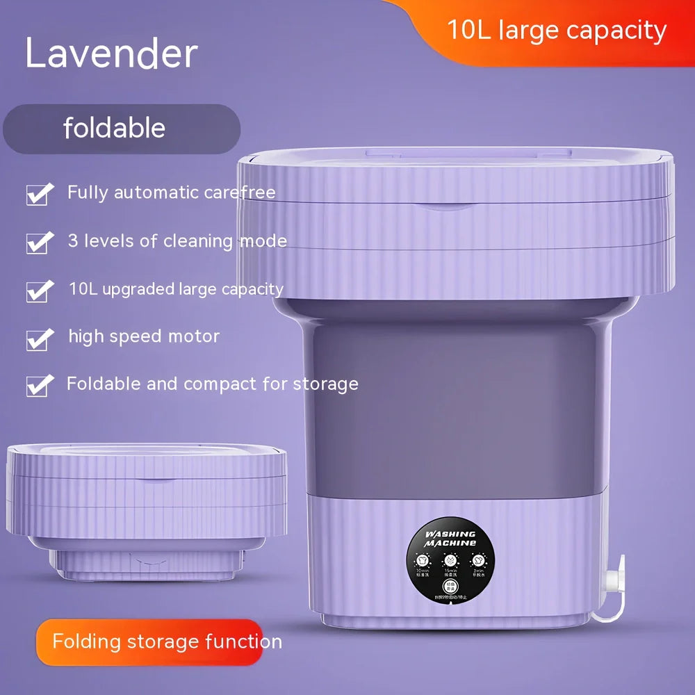 Compact purple folding washing machine with UK plug, measuring 30cm wide with 10L capacity drain basket