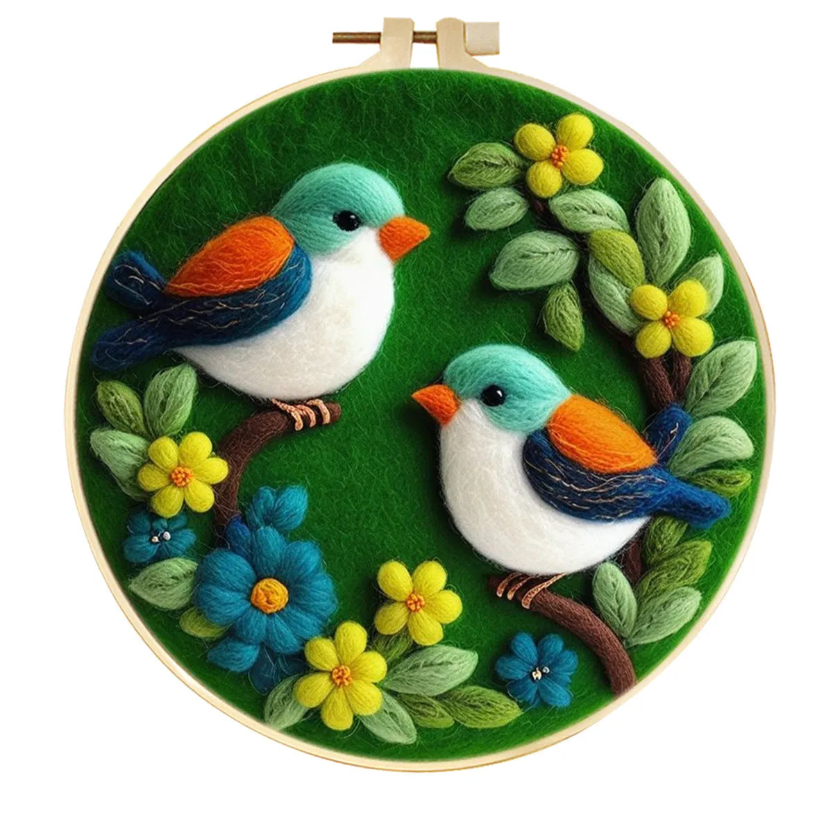 Round fabric embroidery kit with 20x20cm linen frame and wool felt for three-dimensional floral artwork