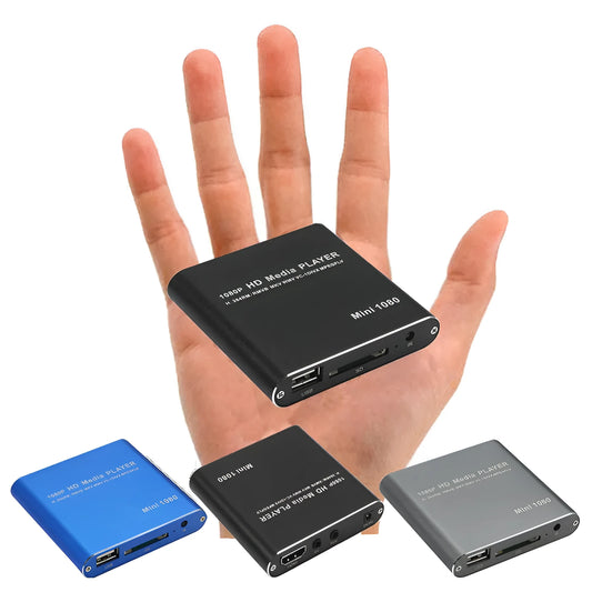 Black or blue 1080P Full HD media player with HDMI port, SD card slot, and USB inputs.