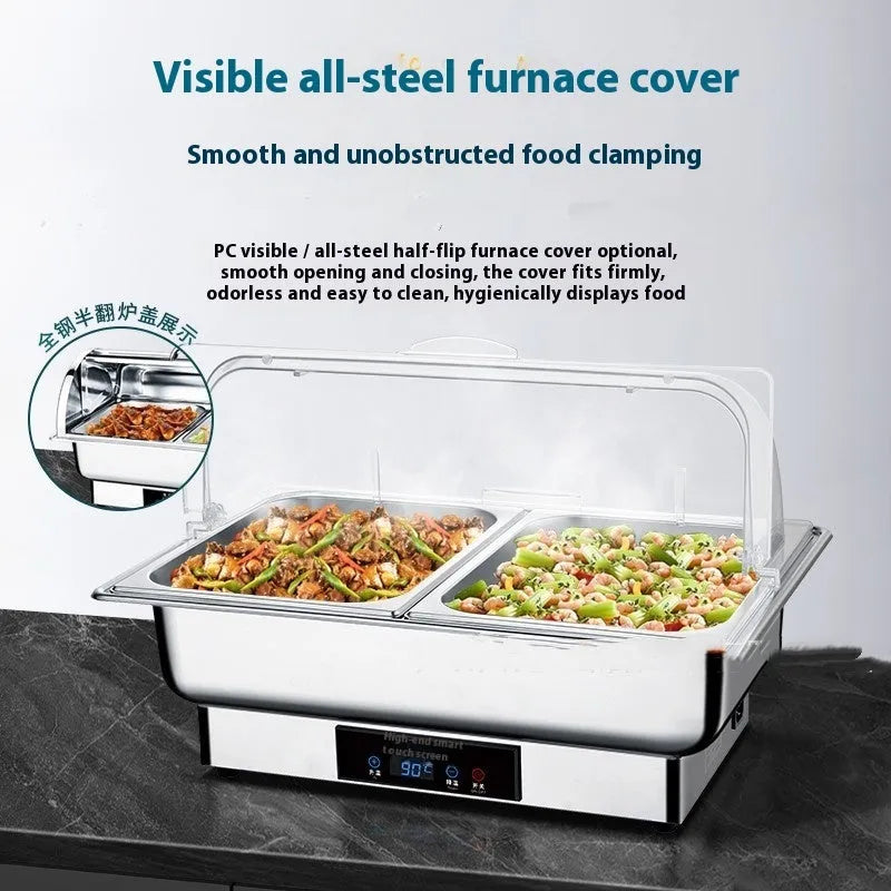 Buffet stove electric heating visible transparent flip stainless steel food warmer with 13L capacity, intelligent LCD screen temperature control and choice of single, double or three grid steel cover plate for hot buffet catering and events