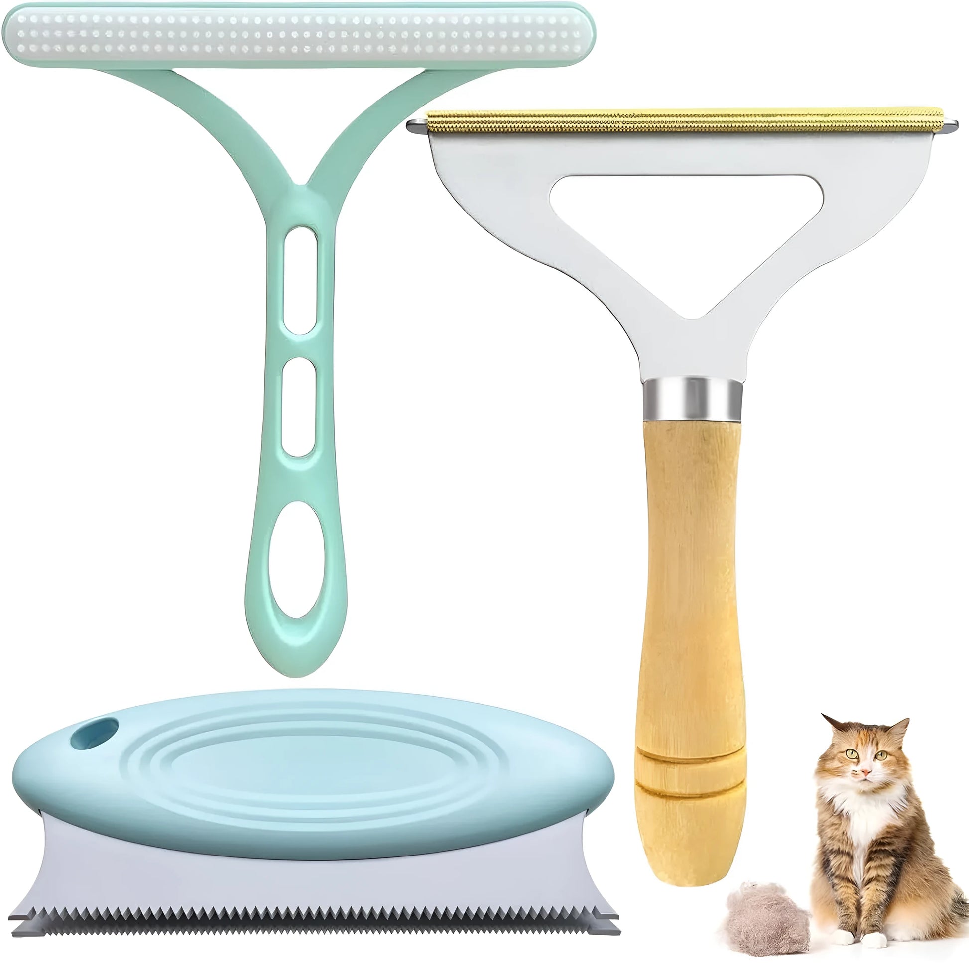 3 pack pet hair remover set with metal, silicone, and round heads for removing dog and cat hair from clothes, sofas, and cars
