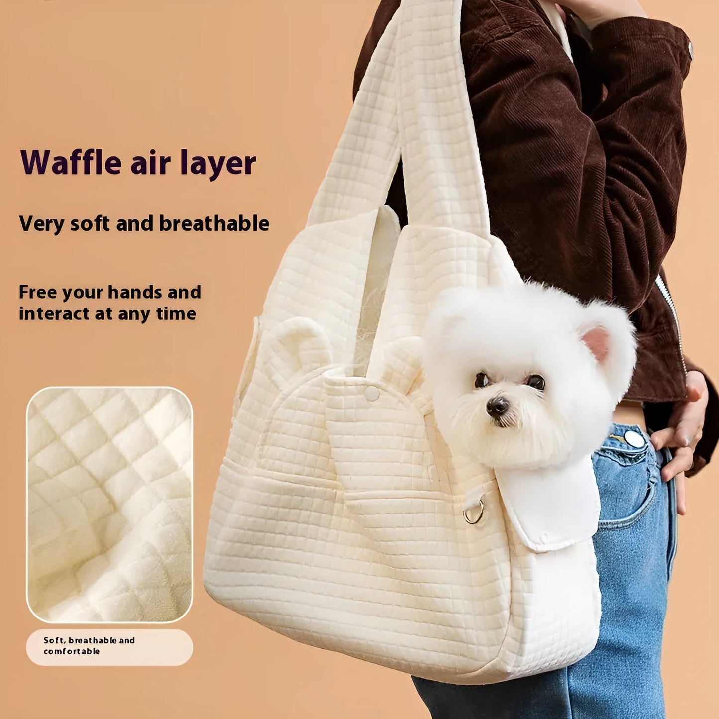 Grey square plaid quilted pet diaper backpack worn cross-chest, dimensions 38cm by 14cm by 41cm.