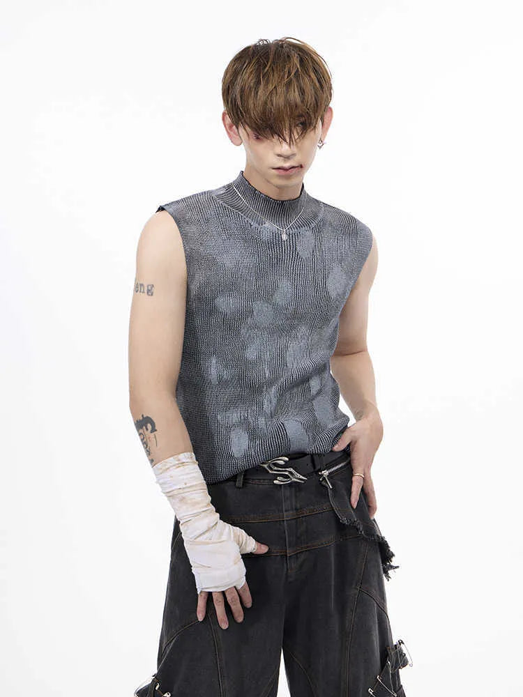 Men's black silver pastebrushing sleeveless wool blend vest with a turtleneck stand collar