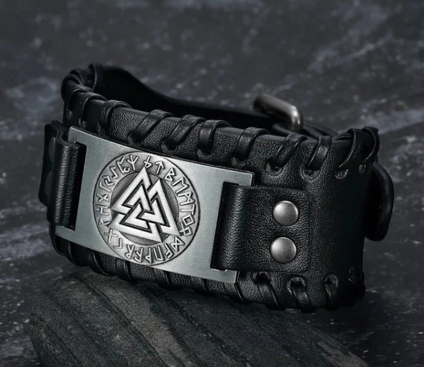 Nordic Viking PU Leather Bracelet with triangle energy design, adjustable buckle, and durable construction.