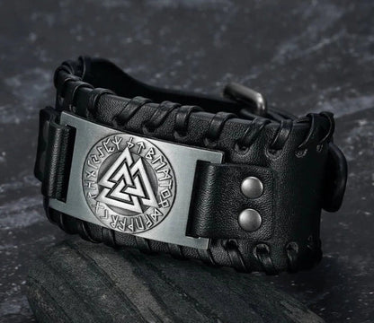 Nordic Viking PU Leather Bracelet with triangle energy design, adjustable buckle, and durable construction.