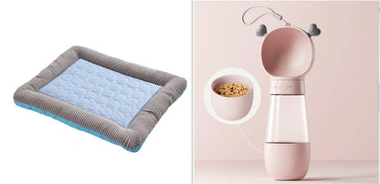 A plush, breathable cooling pet bed in blue and red colors, designed to keep dogs and cats comfortable in the summer heat.