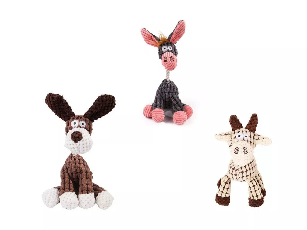 Donkey-shaped corduroy chew toy for dogs with squeaker, available in white, brown, and gray