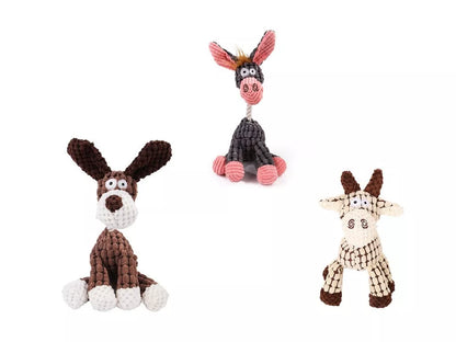 Donkey-shaped corduroy chew toy for dogs with squeaker, available in white, brown, and gray