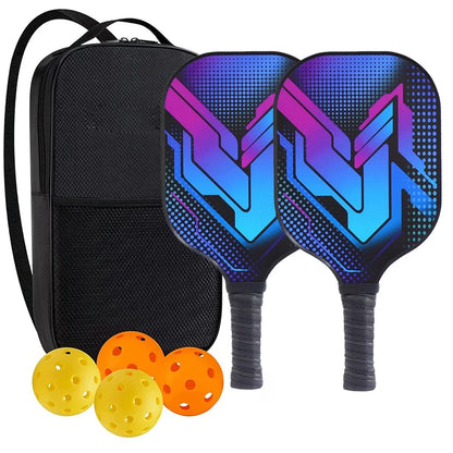 Peak Racket fibreglass squash set showing two rackets and four balls for complete playing equipment