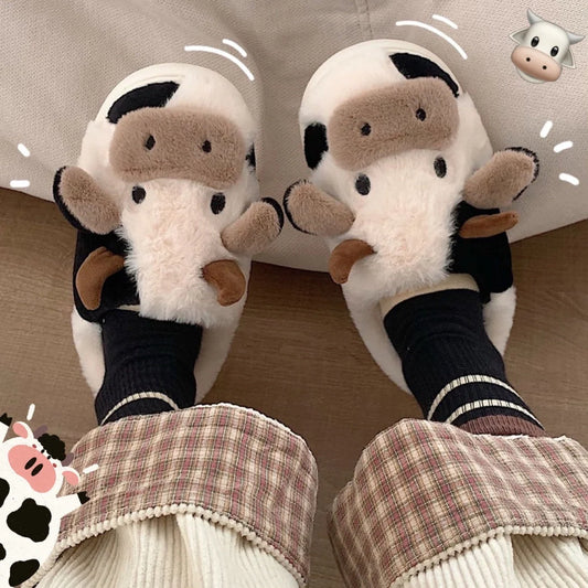 Women's faux fur cow slippers with non-slip soles, available in white and coffee colors