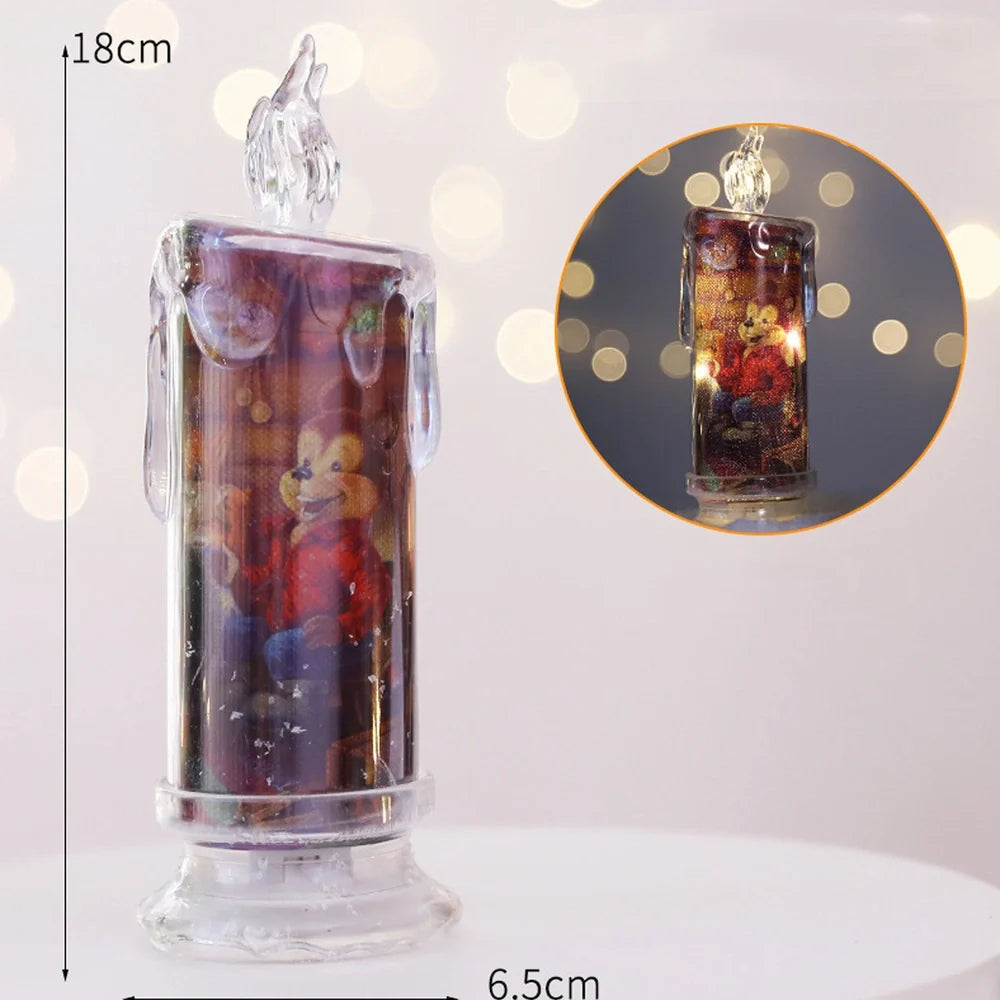 Transparent electronic Christmas candle showing house, snowman and bear designs, 18cm height