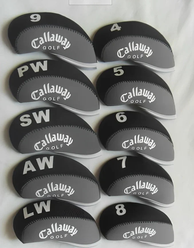 Set of 10 golf iron sleeves in diving material protecting club heads from scratches