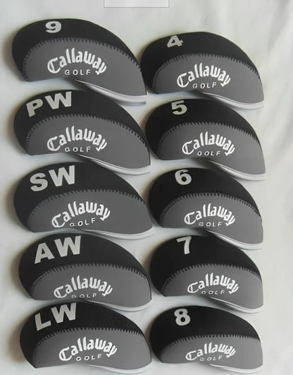 Set of 10 golf iron sleeves in diving material protecting club heads from scratches