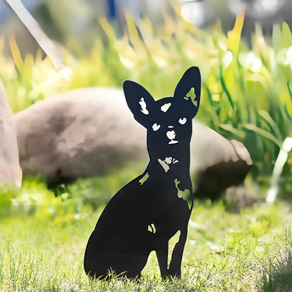 Metal dog silhouette garden decoration showing breed outline on iron background for outdoor display