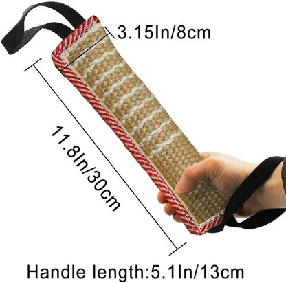 Beige jute dog tug toy with two handles for interactive training, measuring 30cm in length