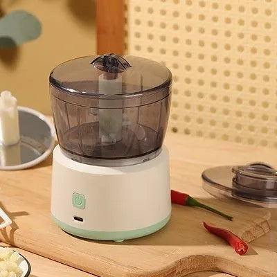 Mini electric meat grinder with transparent cup and stainless steel blades