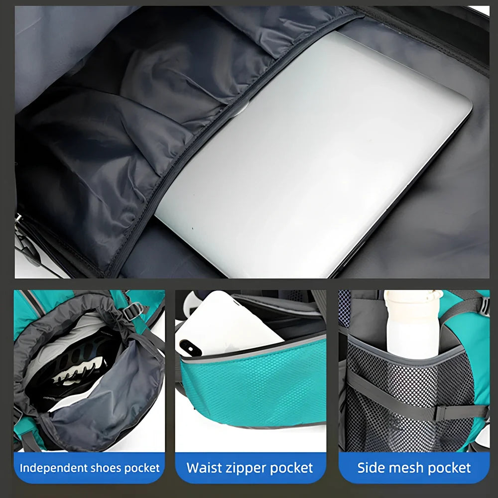 Black 50-litre fishing backpack with multiple compartments and adjustable shoulder straps