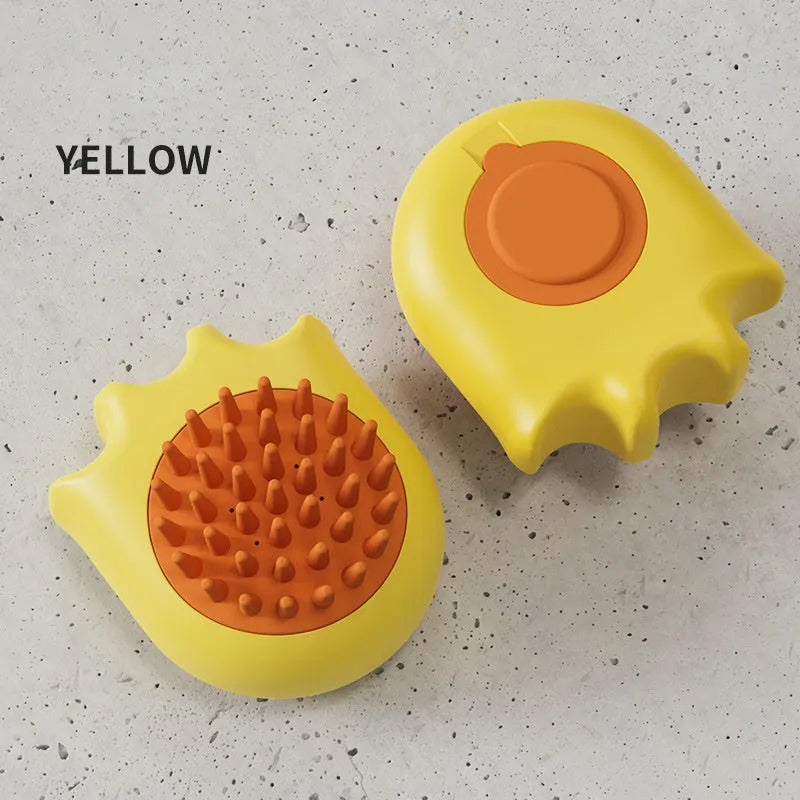 Pet bath brush with built-in shampoo box showing four brush types for dog and cat grooming
