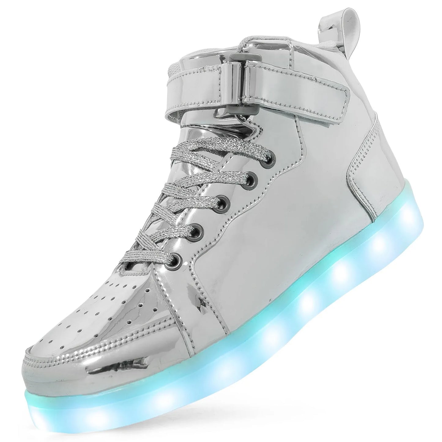 LED light-up high-top sneakers with Velcro strap in multiple colours on a dark background.