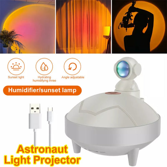 Astronaut Sunset Lamp Humidifier with 360-degree rotation and USB charging in white, pink, or light green