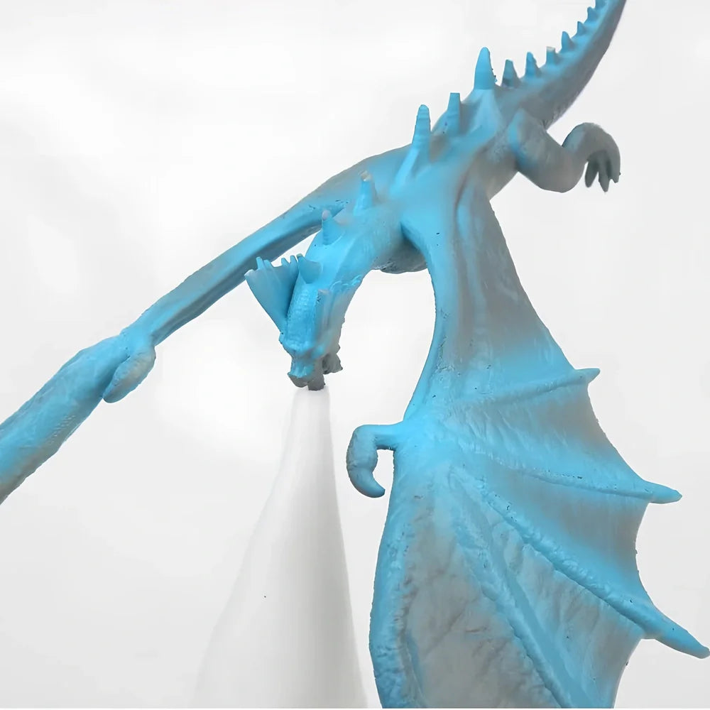 Breathing lamp with 200mm PVC shade in dragon design colours on wooden surface