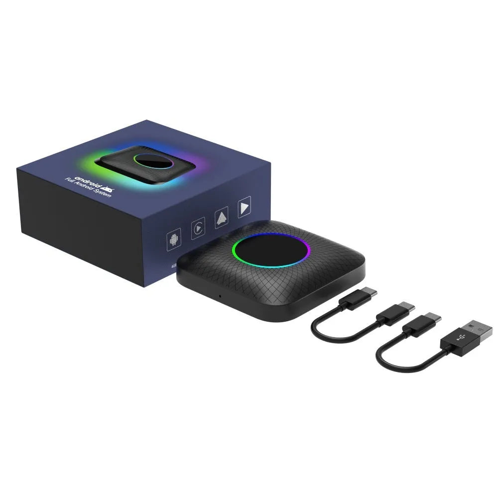 Square-shaped wireless CarPlay adapter box for cars with Android 13 system.