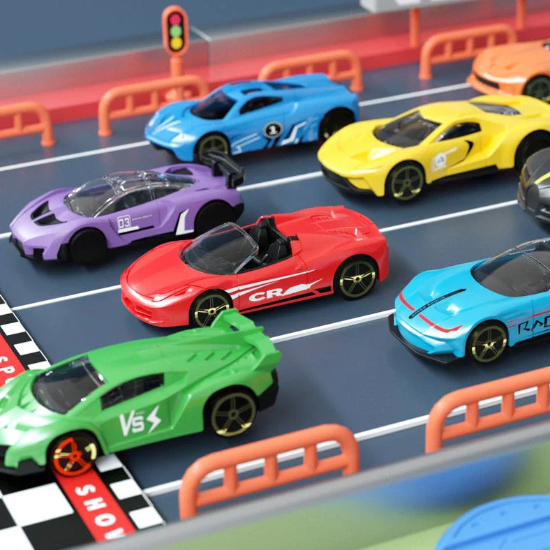 Children's tyre track parking lot toy with 28cm tracks and 33cm high parking structure for educational vehicle play