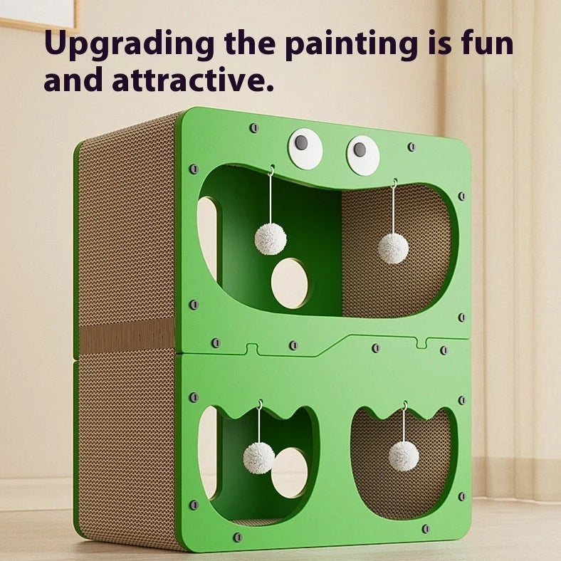 Double layer cat scratching board with owl design panel and integrated resting nest