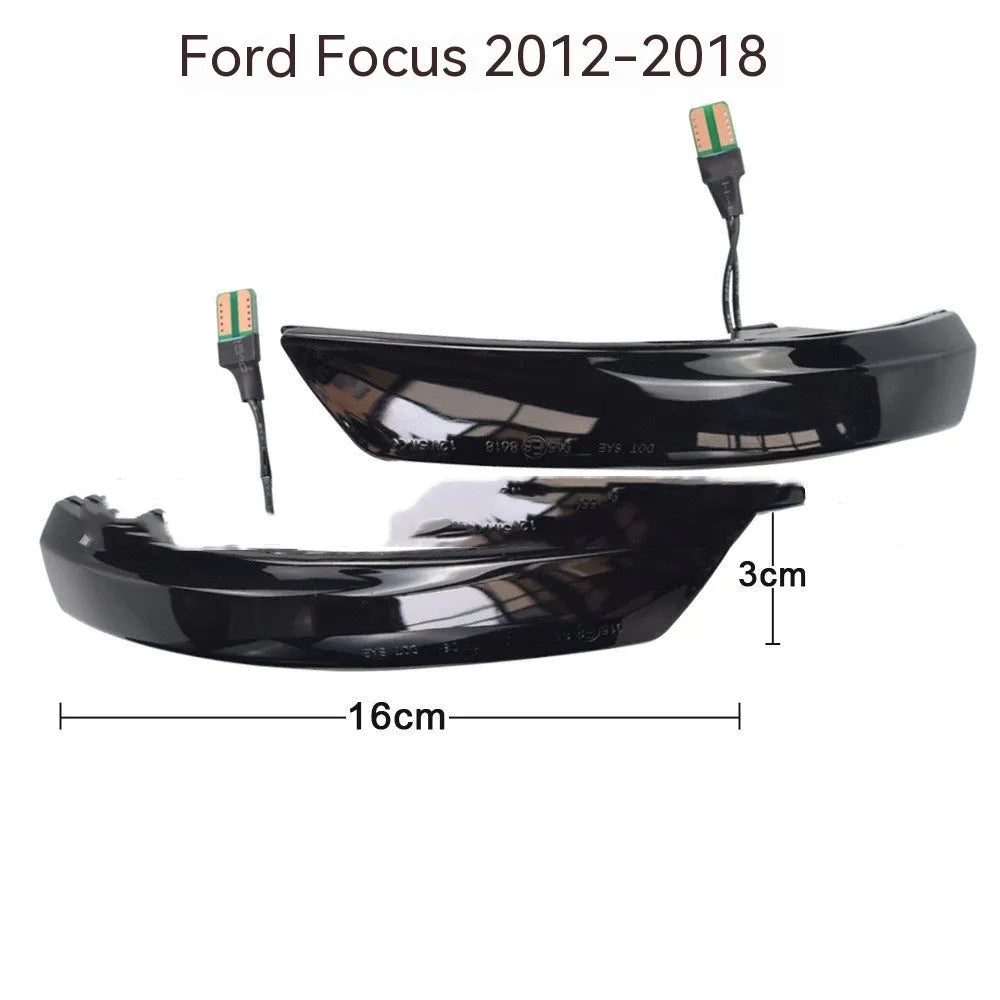 A pair of ABS rearview mirror waterfall lights for Ford Focus and Mondeo, showing blue and yellow two-tone LED option.