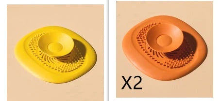 TPR vortex design sink drain cover in twilight orange, quiet blue, mango yellow, and gentian green