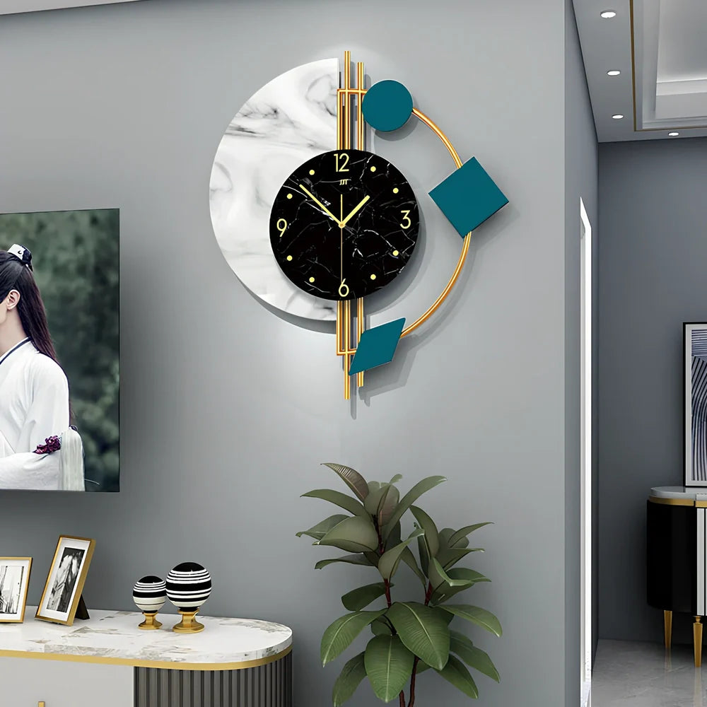 Rectangular metal quartz wall clock measuring 48cm wide by 56cm high with silent movement