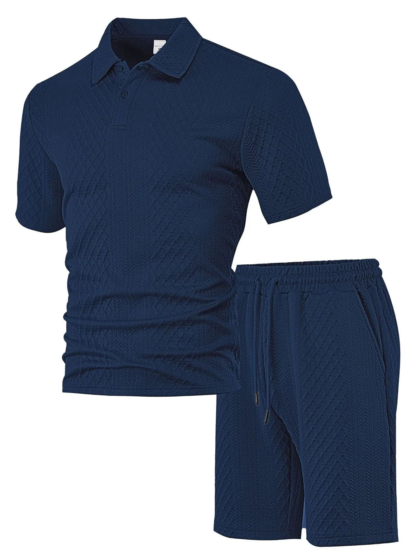 Men's patterned cloth casual suit set with short sleeve polo top and trousers on a hanger.