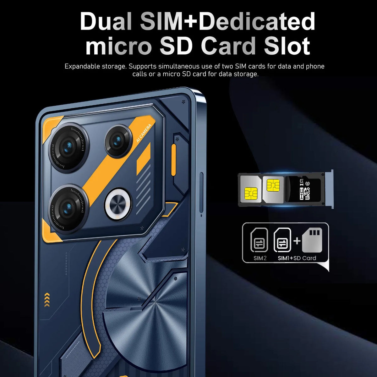 GT10 Pro Android phone in blue and silver straight plate design with over 4000mAh battery and 16GB+1TB storage