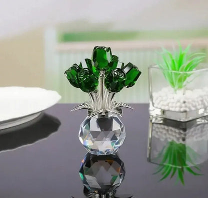 K9 crystal glass rose ornament in a geometric shape with a Chinese style, shown in one of seven available colours.