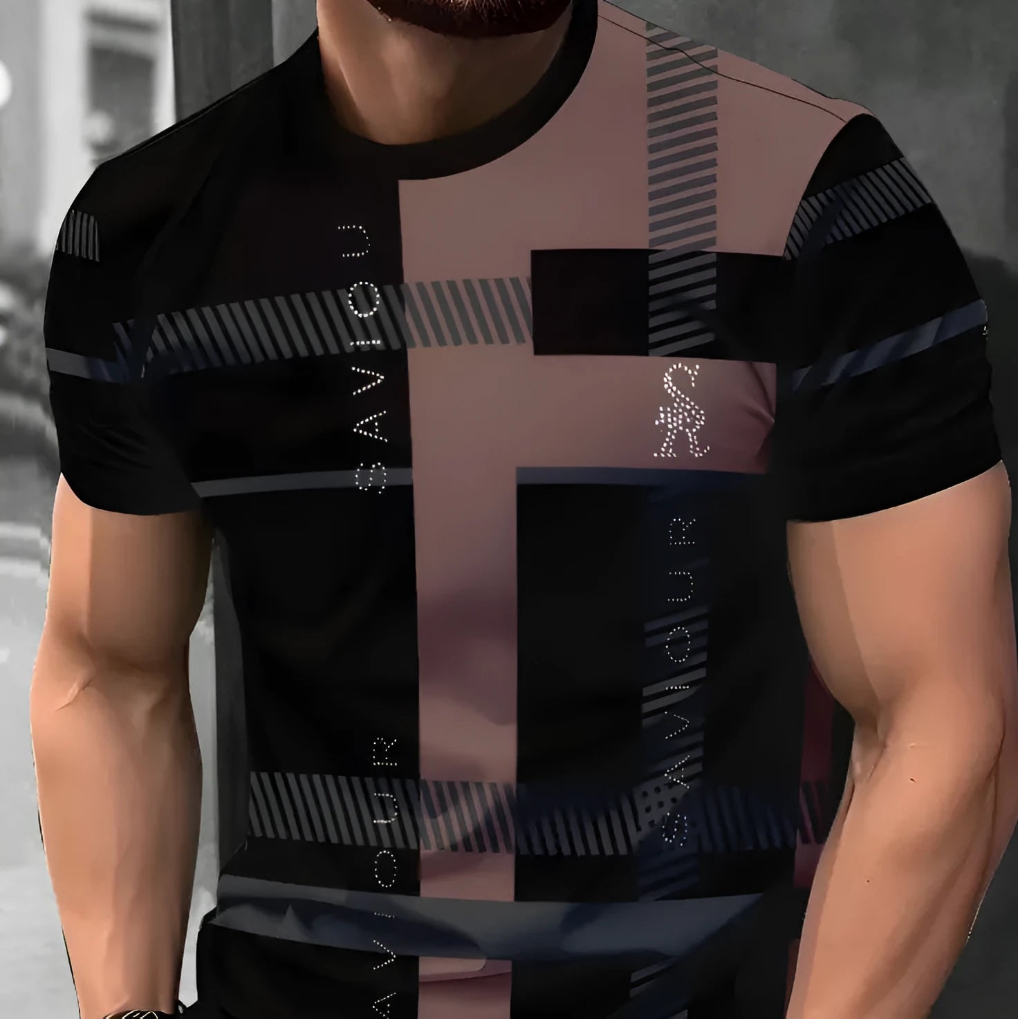 Men's striped casual T-shirt with digital 3D printing in loose fit short sleeve design