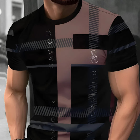 Men's striped casual T-shirt with digital 3D printing in loose fit short sleeve design