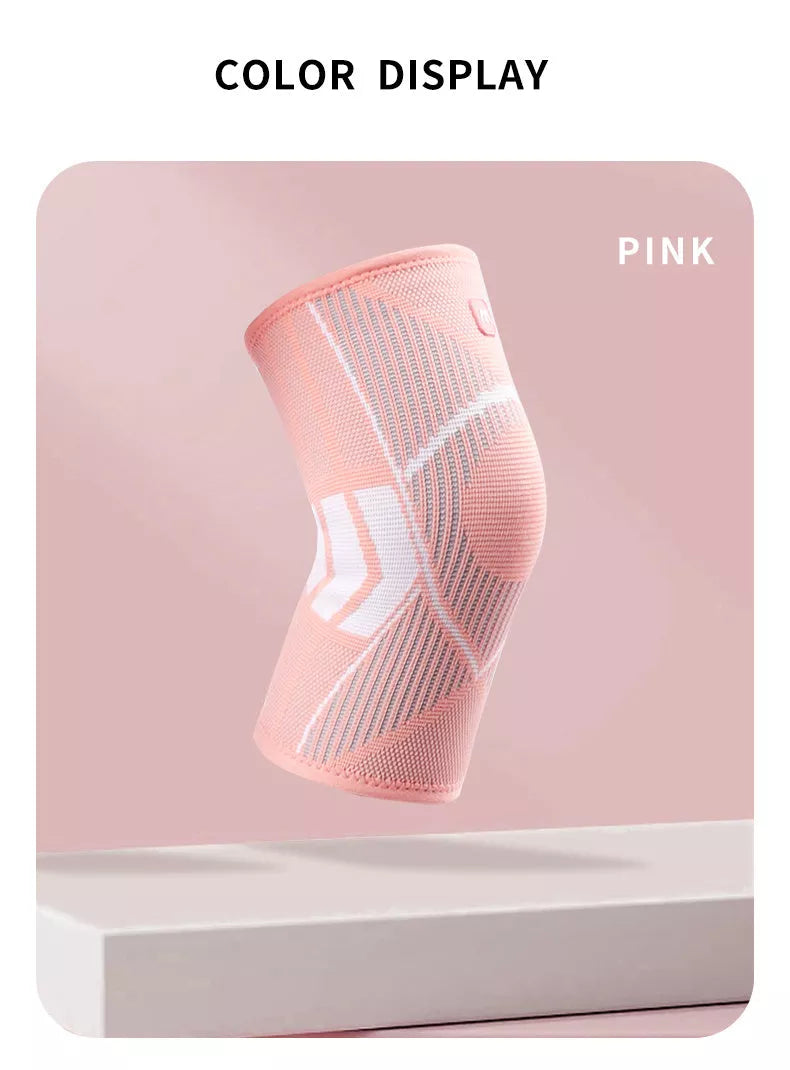 Non-slip knee compression sleeves in blue, pink, and black for pain relief and support